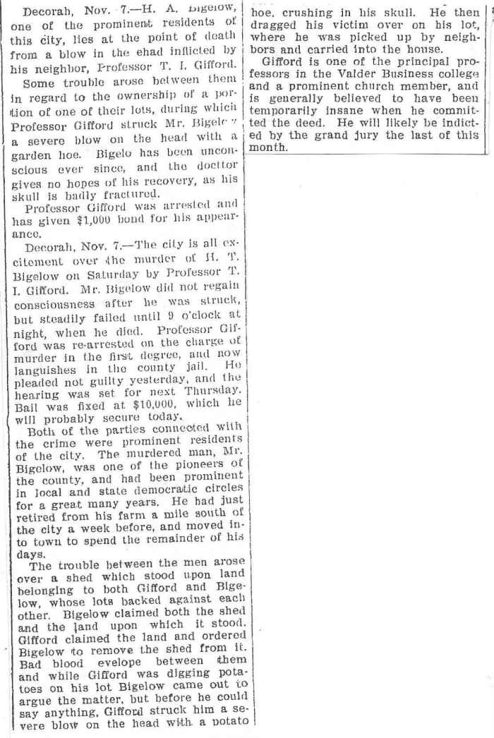 Bigelow Murder Pocahontas Co. Sun -  Laurens, Iowa Thursday Nov. 10, 1904